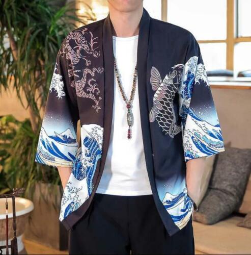 Japonais Hommes Casual Yukata Loose Kimono Cardigan d'été chemisier chemises imprimées 