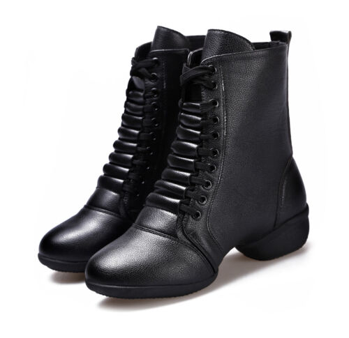 Women Girls Leather Jazz Dance Boot Shoes Lace Up Sport Dancing Shoes Soft Sole 