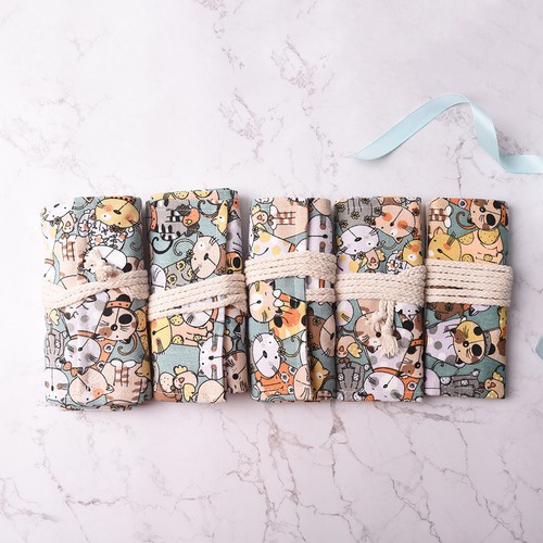 Cat Canvas Bag Holder Wrap Roll Up Stationery Pen Brushes Pencil Case Pooop