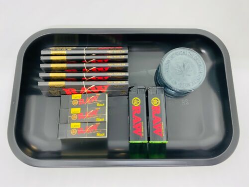 RAW Black Rolling Smokers Metal Matte Tray Gift Set King size papers Tips Light 