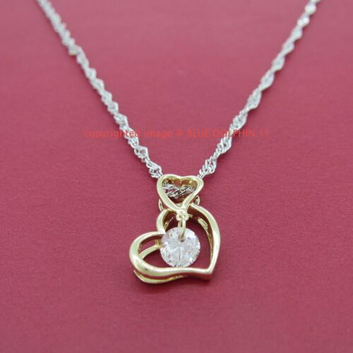 Real Solid 9K Yellow Gold Double Heart Pendant Simulated Diamond Chain Necklace