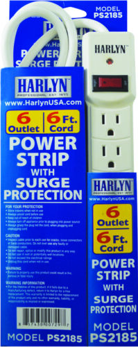 6 Outlets 6 ft cord 15A 125V 1875W 600 J Harlyn Power Strip Surge Protector 