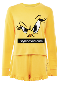Looney Tunes Tweetie Bird Pijamas Conjunto Manga Larga Pantalones Cortos Amarillo Primark Mujeres