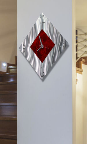 Metal Wall Clock Art Abstract Modern Silver Red Hanging Accent Decor Jon Allen