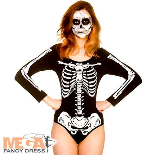 Skeleton Leotard Ladies Fancy Dress Halloween Womens Adult Costume Accessory New 