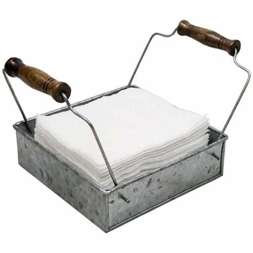 Rustic Silver Metal Galvanized Napkin Dispenser Holder Tray with Wood Handles 