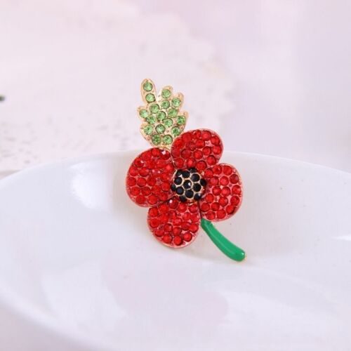 Poppy Flower Vintage Brooch Pin Red Crystal Flower Badge Pins Poppies Brooches