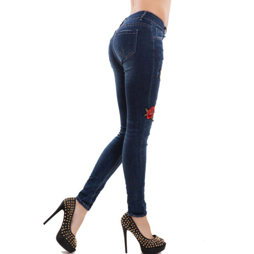Jeans donna pantaloni skinny denim slim fit zip fiori aderenti nuovi E1303-3A