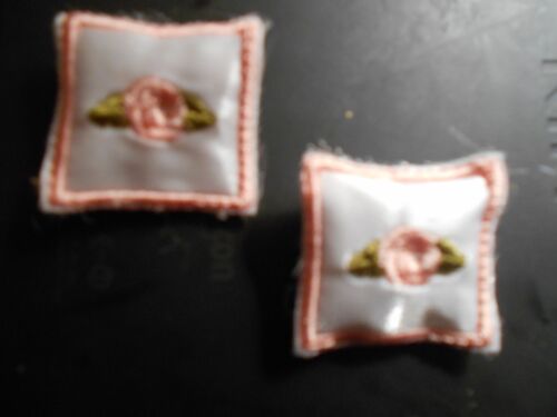 PEACH COLORED  ROSE ON WHITE SATIN MINI PILLOWS FOR YOUR MINIATURE DOLL HOUSE