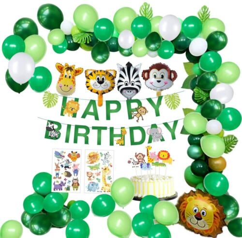 65pcs Jungle Safari Forest Animal Latex Balloons,Banner,Palm Leaves Party Decor