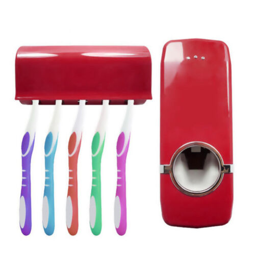 New Auto Automatic Toothpaste Dispenser+5 Toothbrush Holder Set Wall Mount Stand 