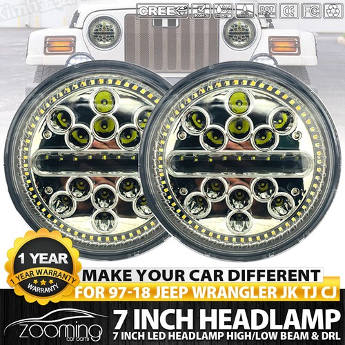 1Pair Slim 7 Inch 220W Round LED Headlights With Halo For 97-17 Jeep Wrangler JK