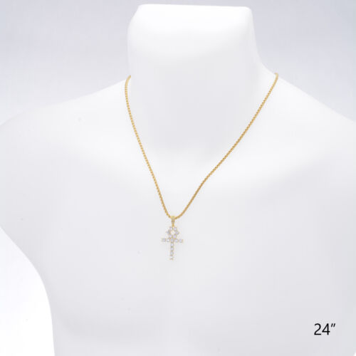14K Gold Plated Stone Ankh Cross Pendant & Stainless Steel 24" Chain BSH 13108 G 