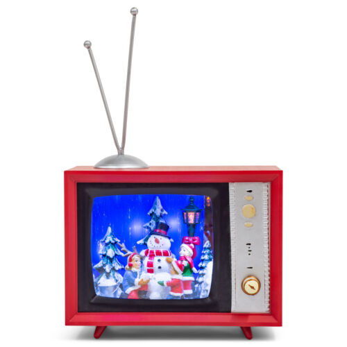 Musical LED TV Displaying Children Playing Hot Pink and Navy 5x6 Resin Figurine 