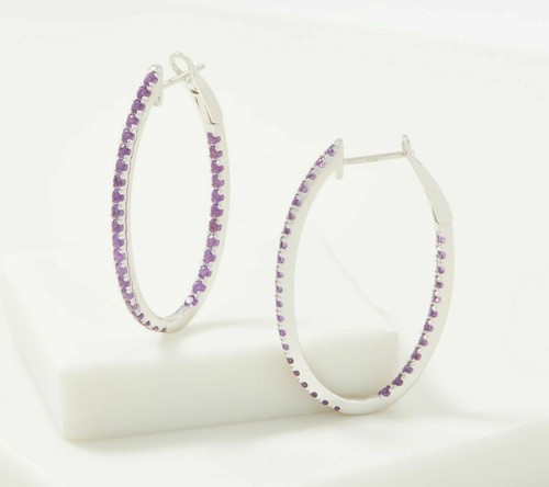 Sterling Silver 2.25Ct Amethyst Inside Out Oval Hoop Pierced Earrings Qvc $119