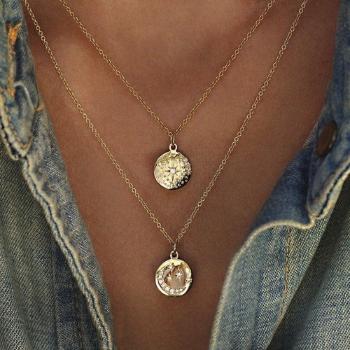 Crystal Moon Star Pendant Multilayer Women Choker Necklace Bohemian Jewelry I