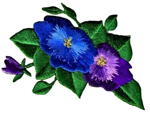 Blue /& Purple Pansies Iron On Floral Patch Applique 3″W X 2″H.