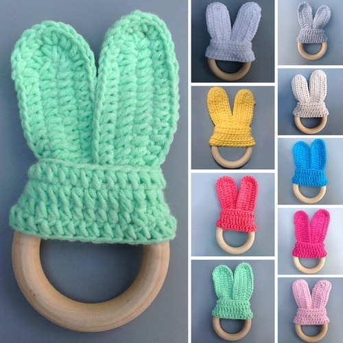 Safety Wooden Natural Baby Knit Rabbit Teething Ring Teether Bunny Sensory Toy