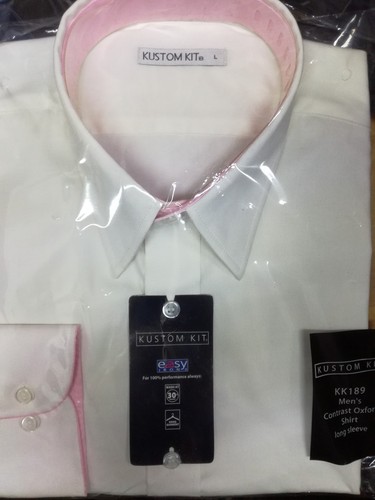 Mens Kustom Kit Shirt Contrast Premium Oxford White Pink Corporate Shirt SALE