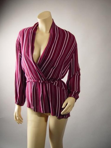 Burgundy Oxford Vertical Stripe Faux Wrap Peplum Office Top 245 mv Blouse S M L