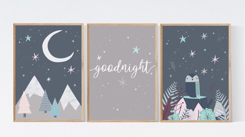 3 Moon Mountain Star Owl Modern Scandi Nursery Wall Art Prints Kids Room Picture