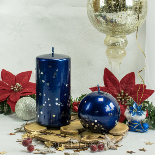 Stumpen Kugel Kerzen Glanz Metallic Blau mit Sterne Adventkerze Schmuckkerze