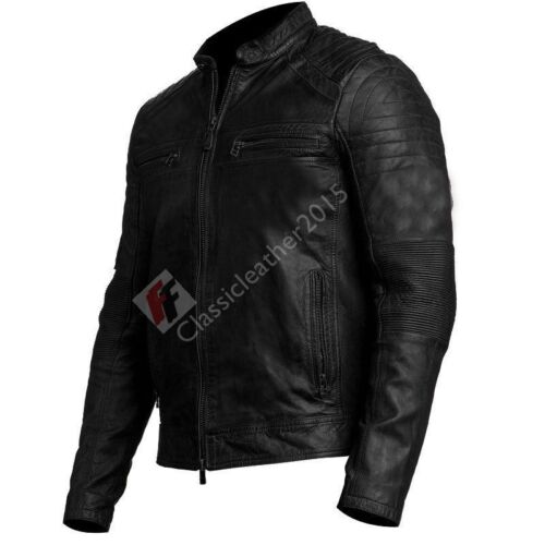 Mens Biker Vintage Distressed Black Cafe Racer Motorcycle Black Leather Jacket