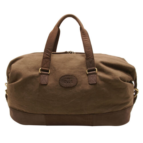 Khaki Canvas Travel Holdall with Leather Trim and Shoulder Strap Rowallan 
