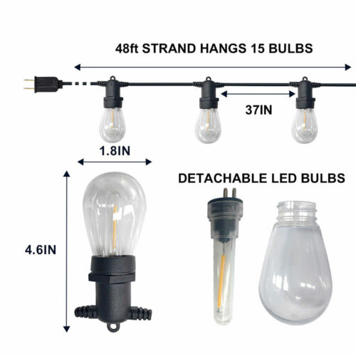 48FT Outdoor String Light Patio Vintage Edison Bulbs Hanging Socket Waterproof