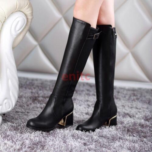 Details about   New British Mid Cuban Heel Knee High Strappy Womens Knight Boots High Boots Q427 