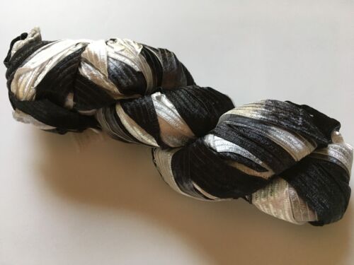 Feza Lydia Ribbon Yarn #305 Thunder Black White Silver Grey 1/2"wide 62yd 50gr 