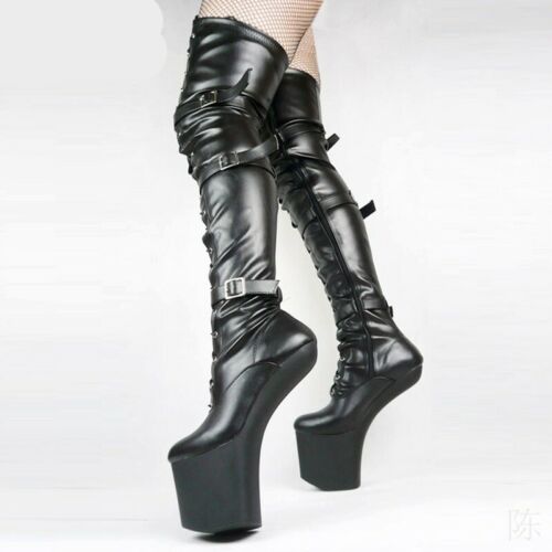 Details about  / Lace Up Extreme High Heel Fetish Heelless Horse Sole Sm High Leg Boots Zhq03