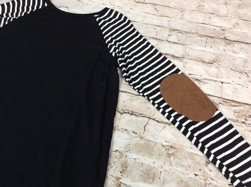 Hailey Co Womens Top Black Raglan Striped Sleeve Brown Suede Elbow Patch Basebal