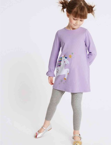 Girls Unicorn Jersey Outfit Tunic /& Leggings Lilac Set Ex M/&S Age 3m 7 Years