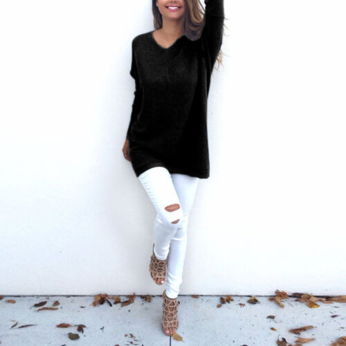 Women/'s Long Sleeve Loose Knitted Pullover Sweater Casual V Neck Jumper Knitwear
