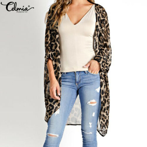 Womens Long Sleeve Leopard Print Open Front Jacket Blouse Top Poncho Cardigan 