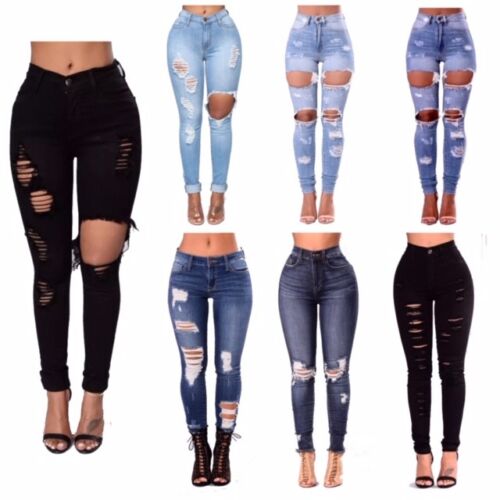 New Womens Ladies Extreme Ripped Distressed Hole Skinny High Waisted Denim Jeans 