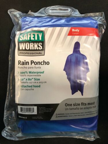 Safety Works Taille Unique Bleu Pluie Poncho with Attached Hood