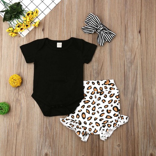 Newborn Baby Girls Leopard Tops Romper Short Pants Summer With Headband Outfits