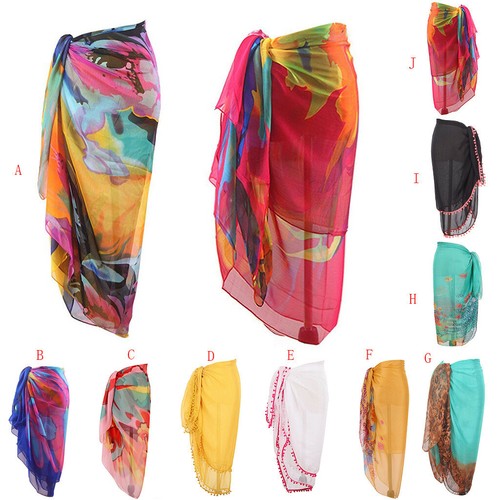 Women Boho Chiffon Swimwear Pareo Scarf Beach Cover Up Wrap Kaftan Sarong Skirt