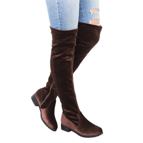 Womens Ladies Fashion Over The Knee Low Heel Flat Thigh High Boots Stretch Shoes 