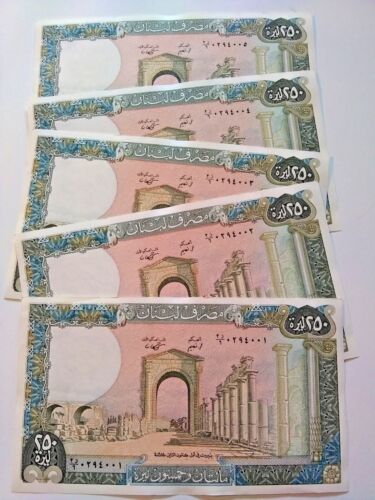 from bundle bank notes X 5 PCS LIRA 1988 P 67 UNC LEBANON 250 LIVRES