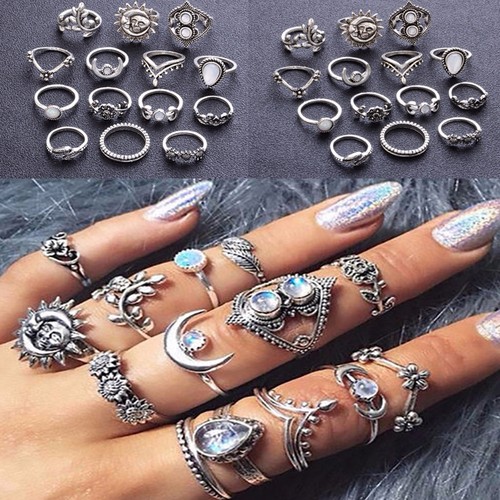 14 PCS//set BOHO Moon /& Sun Knuckle Opal Finger Ring Set Leaf Flower Midi Rings U