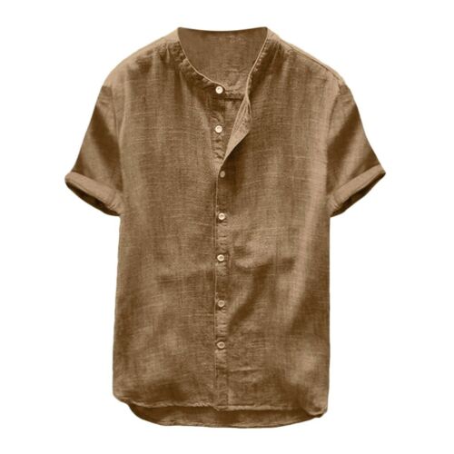 Men/'s Baggy Cotton Linen Solid Color Short Sleeve Retro T Shirts Tops Blouse UK