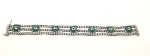 Sterling Silver Green Tourmaline CZ Triple Row Elegant Evil Eye Tennis Bracelet