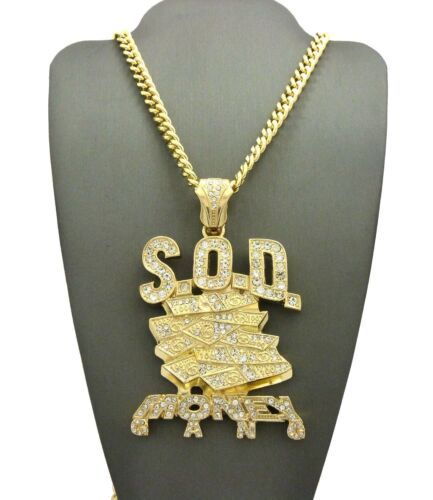 Rapper's Iced Out SOD Money Gang Pendant & 6mm/ 36" Cuban Chain Hip Hop Necklace 