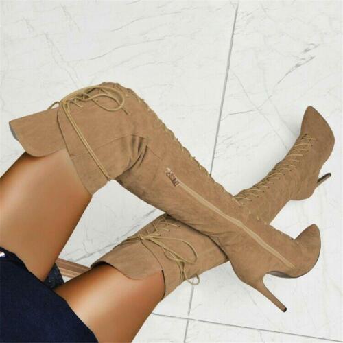 Over-the-Knee Boots for Women Stiletto Suede Fabric Lace Up Shoes Plus Size 4-15 