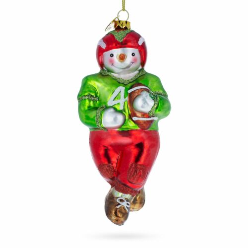 Snowman Playing Football Glass Christmas Ornament
