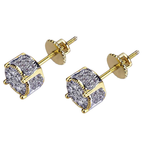 2x Gold Plated Two Tone Cz Micropave Earring Stud Round Hip Hop Screw Backings 