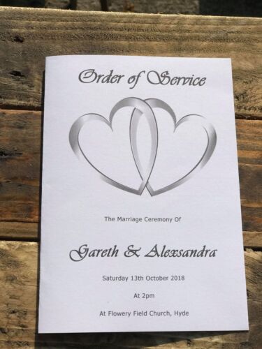 50 Personalised Wedding Order of Service / Order of Day (2 Hearts)